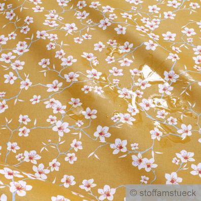 Stoff Baumwolle Acryl ocker Blüte Kirschpflaume beschichtet wasserabweisend