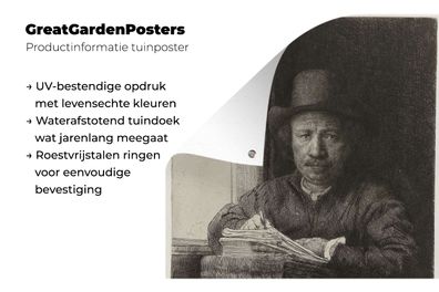 Gartenposter - 120x160 cm - Selbstbildnis von Rembrandt, Radierung neben einem Fenste