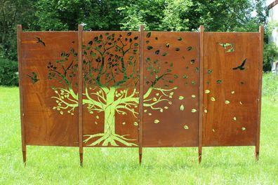 Edelrost Sichtschutz "Baum mit Vögel" 175 cm x 300 cm Rost Metall Paravent Zaun
