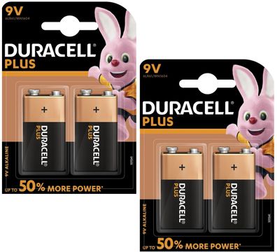 4x 9V E-Block Batterie von Duracell Plus Power MN1604-6LR61 im 2x2er Blister