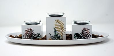 Tischdekoration Windlicht Tablett weiß aus Holz mit 3 Teelichthalter und Steine