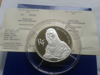 20 euro 2003 PP Frankreich Mona Lisa 155,5g 5 Unzen Silber Nr. 500 von 500