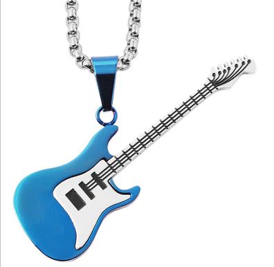 Halskette Anhänger Gitarre silber blau Edelstahlkette ca. 61 cm