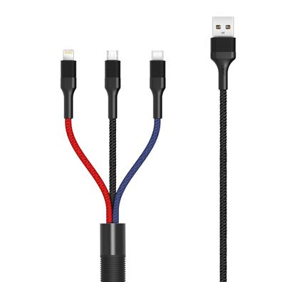 XO 3in1 Nylon Ladegerät Kabel 3A 1.2m Micro USB TYP-C iOS Anschluss Fast Charge