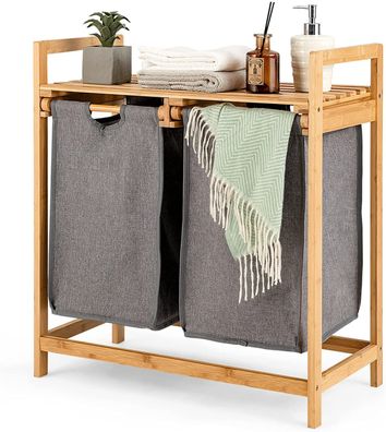 2 Fächer Wäschekorb Bambus, Wäschesortierer mit Ablage, Wäschesammler ausziehbar