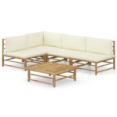 vidaXL 5-tlg. Garten-Lounge-Set mit Cremeweißen Kissen Bambus