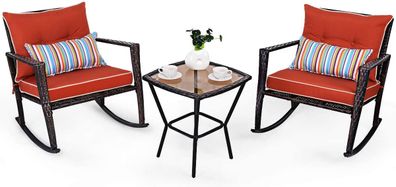 3 TLG. Rattan Gartenset, 2 Schaukelstühle & Couchtisch mit Hartglas, Gartengarnitur