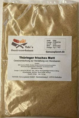 Thüringer frisches Mett Gewürzmischung 100gr. Wurstherstellung ohne Pökelsalz