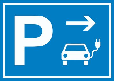 E-Auto Elektrofahrzeug Parkplatz Schild mit Richtungspfeil rechts waagerecht