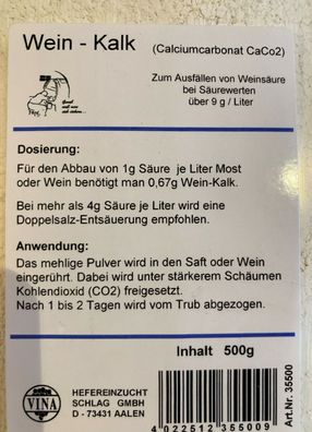 Weinentsäuerungskalk 500 gr. Vina Weinkalk Entsäuerung Calciumcarbonat Wein Kalk