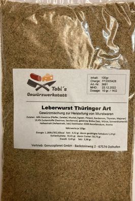 Leberwurst Thüringer Art Gewürzmischung 100gr. Wurstherstellung ohne Pökelsalz