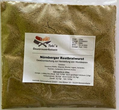 Nürnberger Rostbratwurst Gewürzmischung 100gr. Wurstherstellung -ohne Pökelsalz-