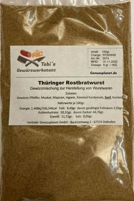 Thüringer Rostbratwurst Gewürzmischung 250gr. Wurstherstellung -ohne Pökelsalz-