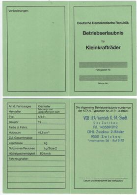 Betriebserlaubnis Simson Schwalbe KR 51, DDR Moped, Ost Oldtimer