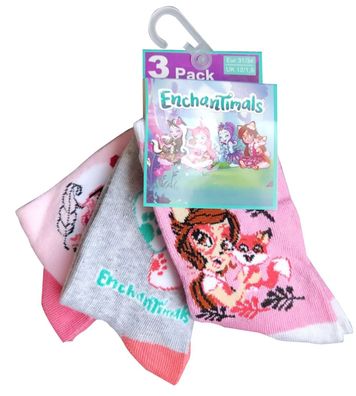 Enchantimals 3er Pack Socken Strümpfe Motiv mit Tieren für Kinder, Mädchen (grau