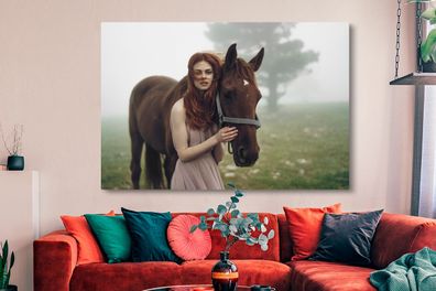 Leinwandbilder - 150x100 cm - Pferd - Frau - Nebel (Gr. 150x100 cm)