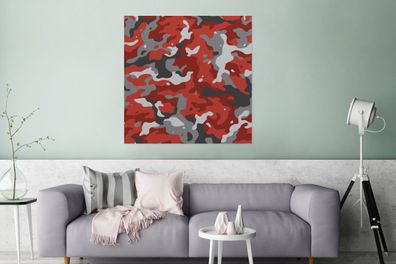 Glasbilder - 90x90 cm - Rot mit grauem Camouflage-Muster (Gr. 90x90 cm)