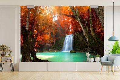 Fototapete - 420x280 cm - Herbst - Wasserfall - Wald (Gr. 420x280 cm)