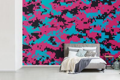Fototapete - 450x300 cm - Camouflage-Muster mit rosa und blauen Pixeln