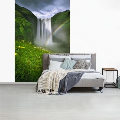 Fototapete - 145x220 cm - Regenbogen - Wasserfall - Natur (Gr. 145x220 cm)
