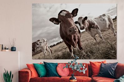 Glasbilder - 150x100 cm - Kühe auf einem Feld Sepia-Fotodruck (Gr. 150x100 cm)