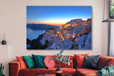 Leinwandbilder - 150x100 cm - Oia Santorini mit farbenprächtigem Sonnenuntergang in G