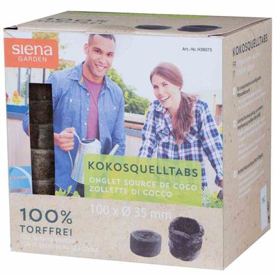 100 Kokos-Quelltabs mit Netz Ø35 mm im Verkaufskarton