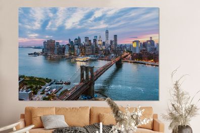 Glasbilder - 150x100 cm - Skyline von New York an der Brooklyn Bridge