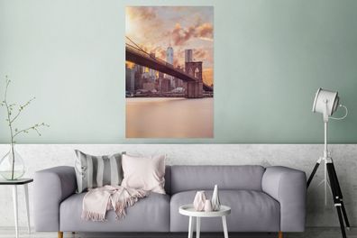 Glasbilder - 80x120 cm - Brooklyn Bridge und die New Yorker Skyline bei Sonnenunterga
