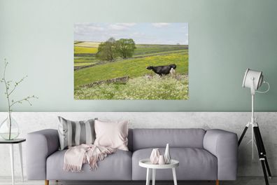 Glasbilder - 120x80 cm - Kuh - Blumen - Tiere (Gr. 120x80 cm)