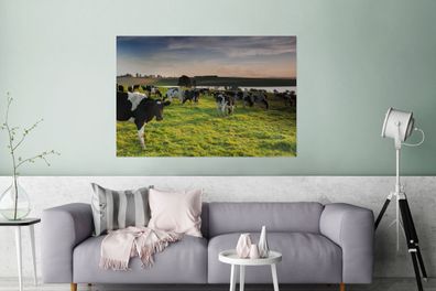 Glasbilder - 120x80 cm - Kuh - Gras - Sonnenuntergang (Gr. 120x80 cm)
