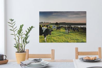 Leinwandbilder - 90x60 cm - Kuh - Gras - Sonnenuntergang (Gr. 90x60 cm)