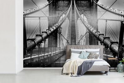 Fototapete - 450x300 cm - Brooklyn-Brücke während der regen in schwarz und weiß