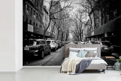 Fototapete - 600x400 cm - Geparkte Autos in New York - schwarz und weiß