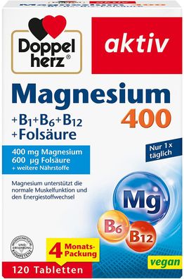 Doppelherz Magnesium 400 + B + B6 + B12 + Folsäure 1x120 Tabletten(Nahrungsergänzung)