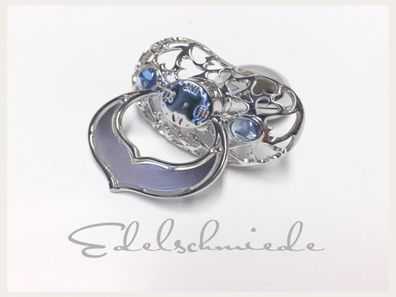 Schnuller in 925/ - Sterling Silber rhod mit Herzen und Geburtsuhr - hellblau -
