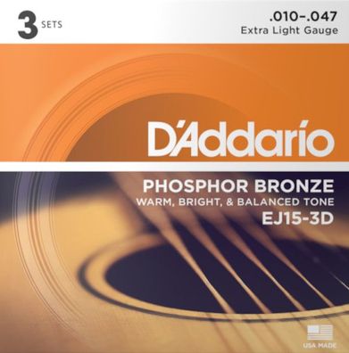 D'Addario EJ15-3D Phosphor Bronze - extra light (010-047) - 3-er Pack