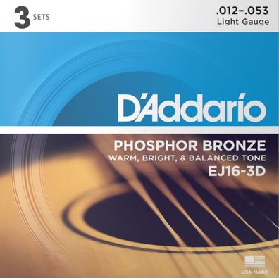 D'Addario EJ16-3D Phosphor Bronze - light (012-052) - 3-er Pack