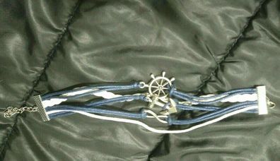 Martimes Armband, mit Anker und Steuerrad, blau/ weiß, Krt.403