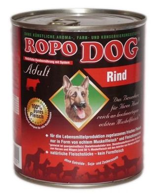 RopoDog ¦ Rind - 12 x 800g ¦ nasses Futter für ausgewachsene Hunde in Dosen