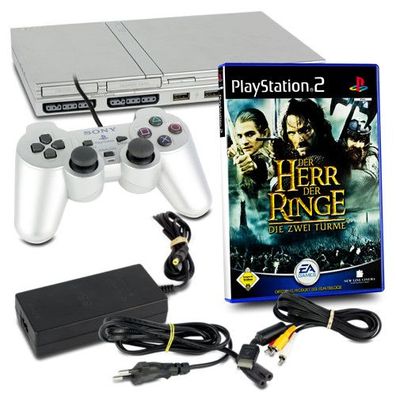 PS2 Konsole Slim Line in Silber + original Controller + alle Kabel + Spiel Herr ...