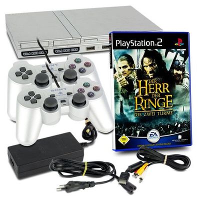 PS2 Konsole Slim Line in Silber + 2 original Controller + alle Kabel + Spiel Herr ...