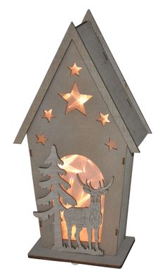 LED Deko-Holz-Häuschen mit Hirsch und Tanne Weihnachtsdeko Fensterdeko Tischdeko