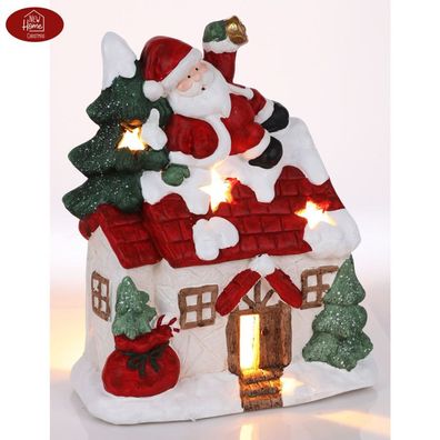 Weihnachtshaus mit Weihnachtsmann und Tannenbaum 36cm Teelichthalter Gartendeko
