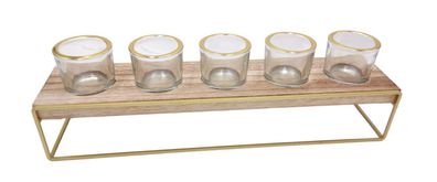 Teelichthalter aus Holz und Metall mit 5 Gläsern Holztablett Windlicht Tischdeko