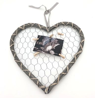 Fotohalter Herz 40x40cm Holz Herz mit Gitter und 5 Klammern Bilderhalter Rahmen
