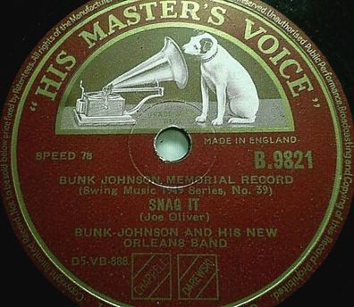 Bunk Johnson & His New Orleans Band "Snag It / Franklin Street Blues" HMV 1949