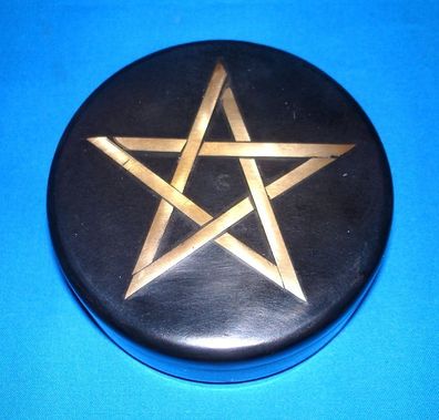 Dose Pentagramm Speckstein rund schwarz 10 x 4 cm Steindöschen Schatulle Box