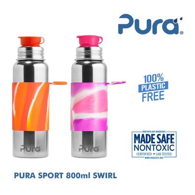 Pura Sport Edelstahl Flasche mit Silikon Sleeve Swirl und Big Mouth Sport Trinkver...