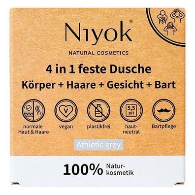 Niyok 2in1 Feste Dusche Körper + Haare + Gesicht + Barte Athletic grey, 80 g